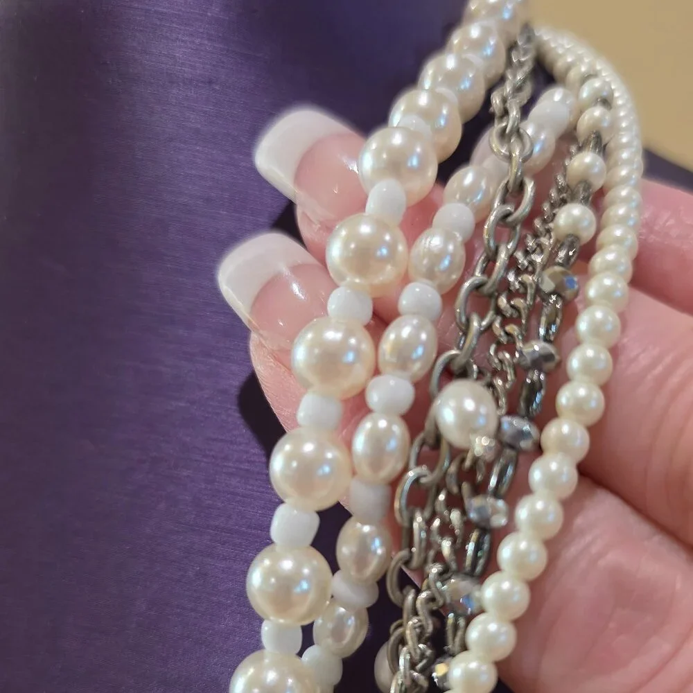 Pearls and Silver Chains Six 6 Strand Layered Vintage Long Elegant Necklace